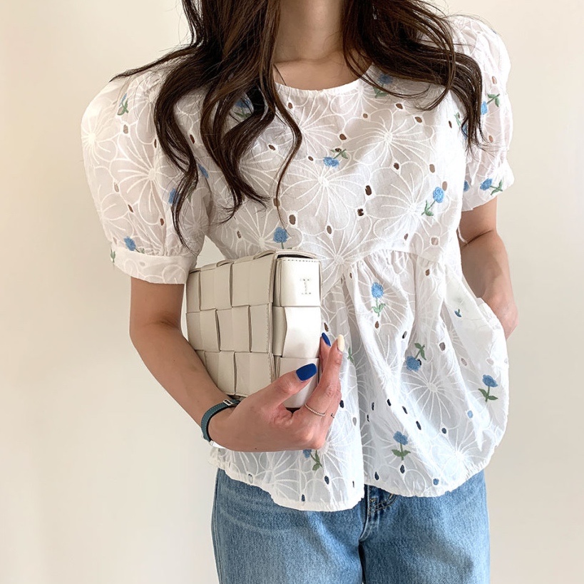 chic 時尚刺繡鈎花短袖襯衫