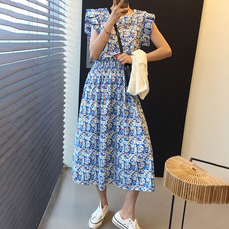 Summer new age reducing and retro loose Ruffle small fresh floral dress long skirt
