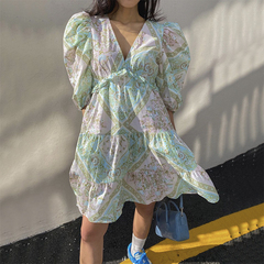 Doll skirt A-line ear edge ethnic style retro printing deep V-neck bubble sleeve dress