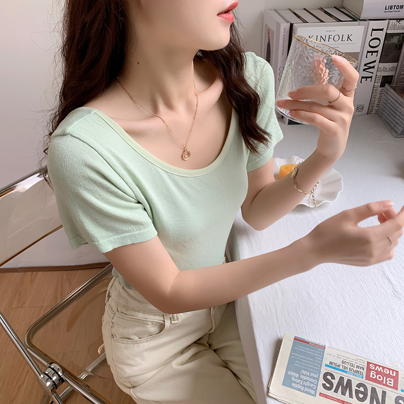 Real shot square neck Short Sleeve T-Shirt New Women's summer ice silk short top summer slim fit white T-shirt