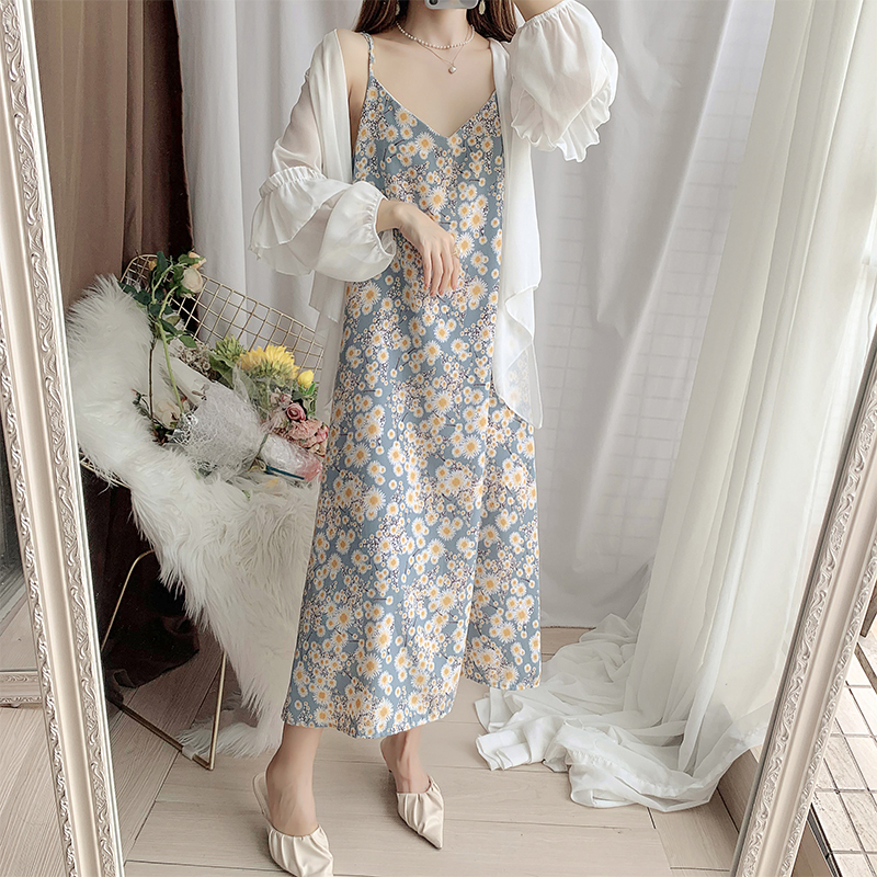 Little Daisy dress floral suspender skirt chiffon shirt suit skirt two piece fashion beach holiday long skirt Zixia