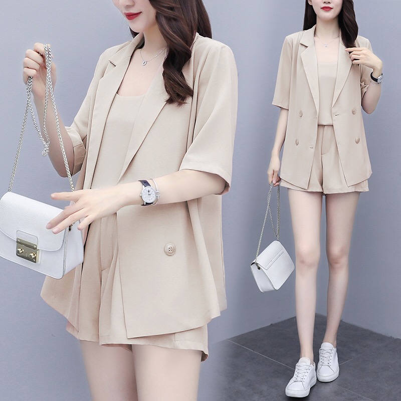 Large size women's wear 2021 summer wear new style meat covering temperament suspender suit coat show thin shorts three piece suit women's wear