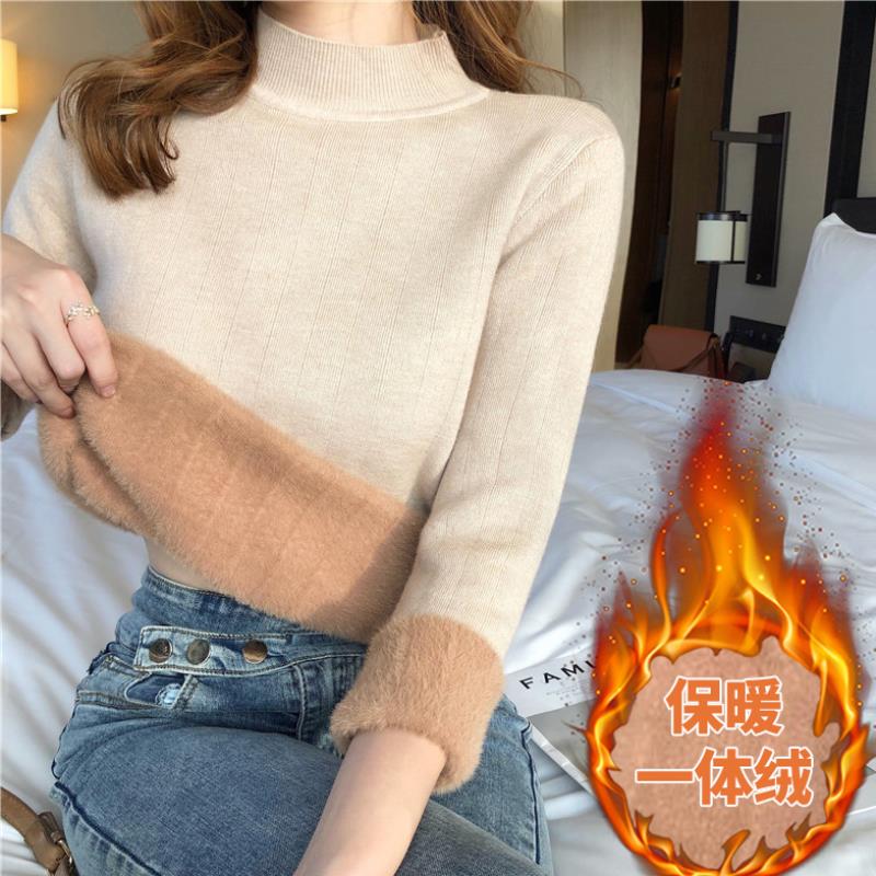 Women's autumn and winter mink cashmere sweater integrated cashmere half high collar sweater with warm top inside