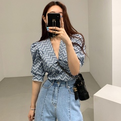 Chic Vintage geometry French collar versatile loose bubble sleeve puffy shirt