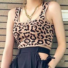 European and American style slim fit short square collar leopard pattern knitted suspender vest for women