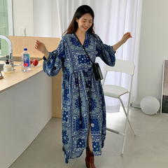 South Korea dongdamen 2020 new Peris pattern drop shoulder sleeve shirt dress