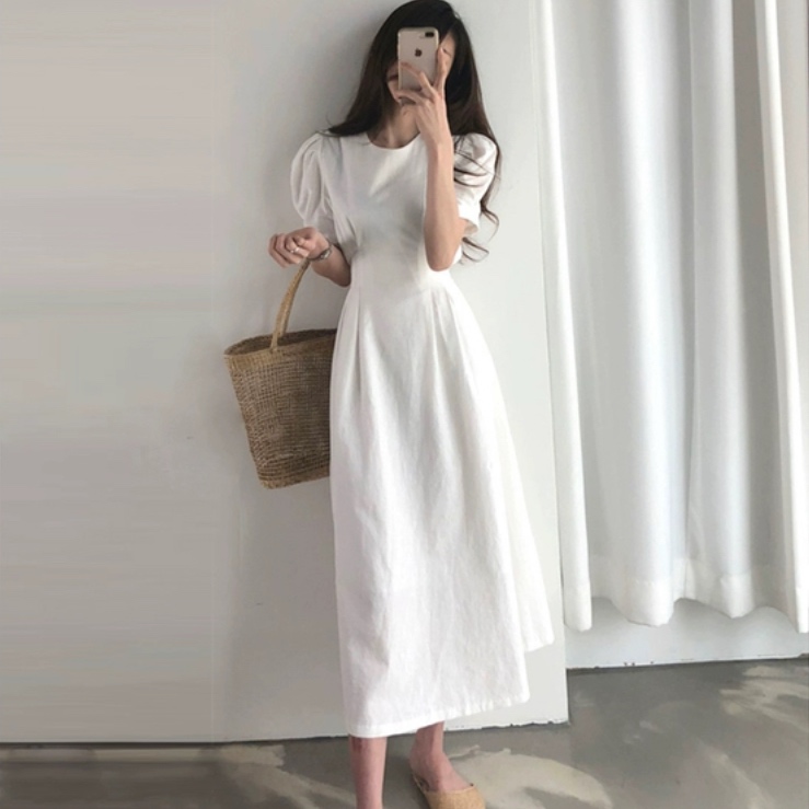 Korean style simple waist lace up solid color dress for women