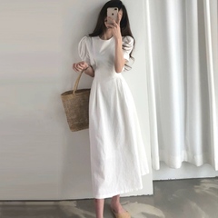 Korean style simple waist lace up solid color dress for women