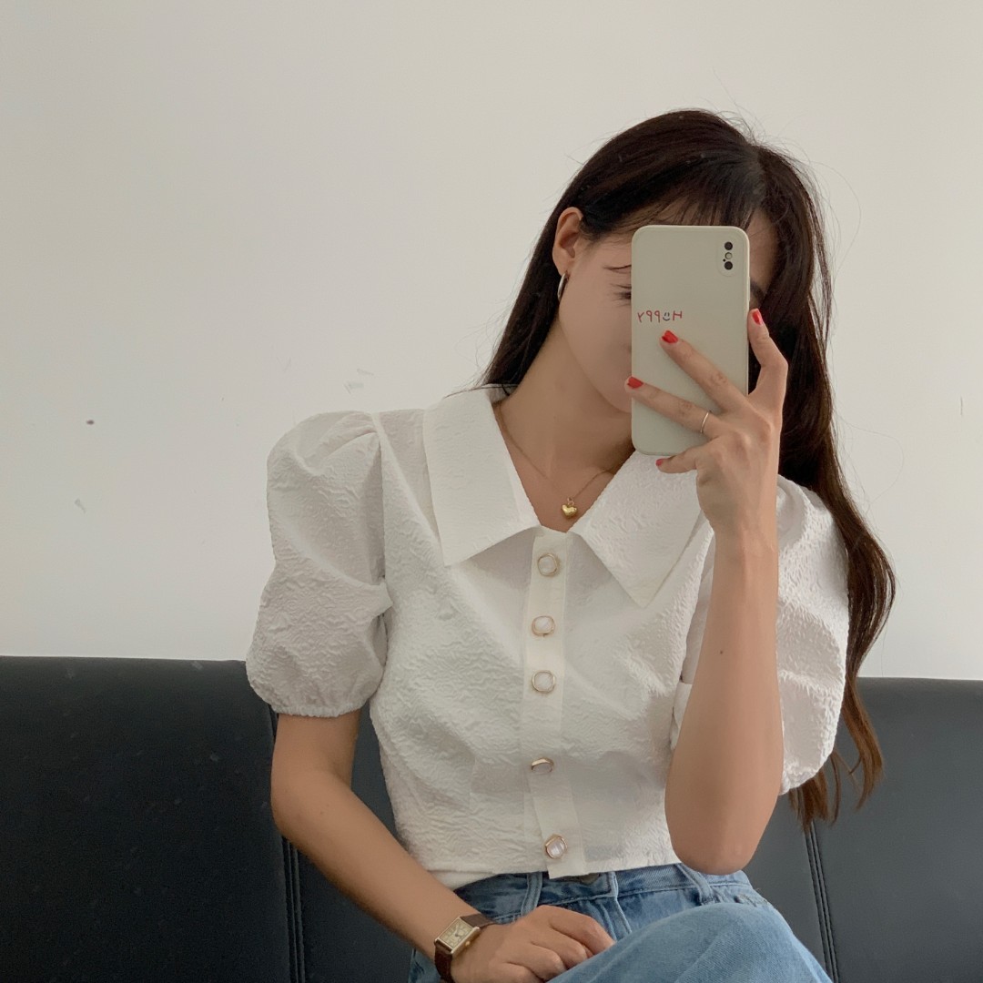 2021 summer new Korean large size slightly fat mm heavy industry bubble sleeve short shirt