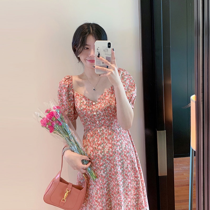 French Chiffon floral dress women's summer 2021 new V-neck Pink Retro gentle style waist long skirt