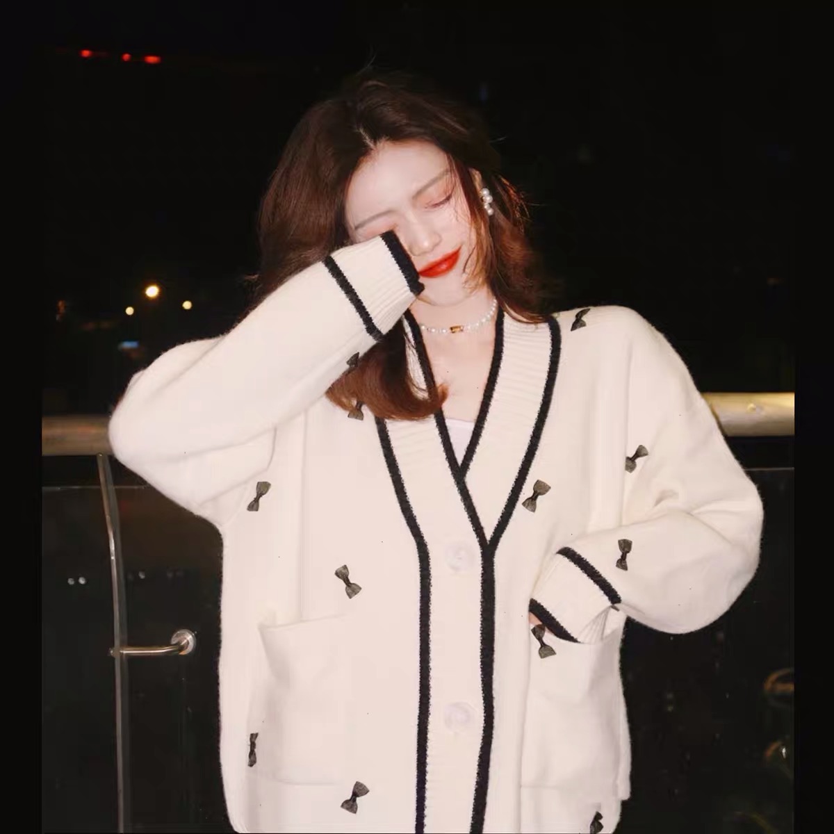 Vintage bow neck sweater cardigan