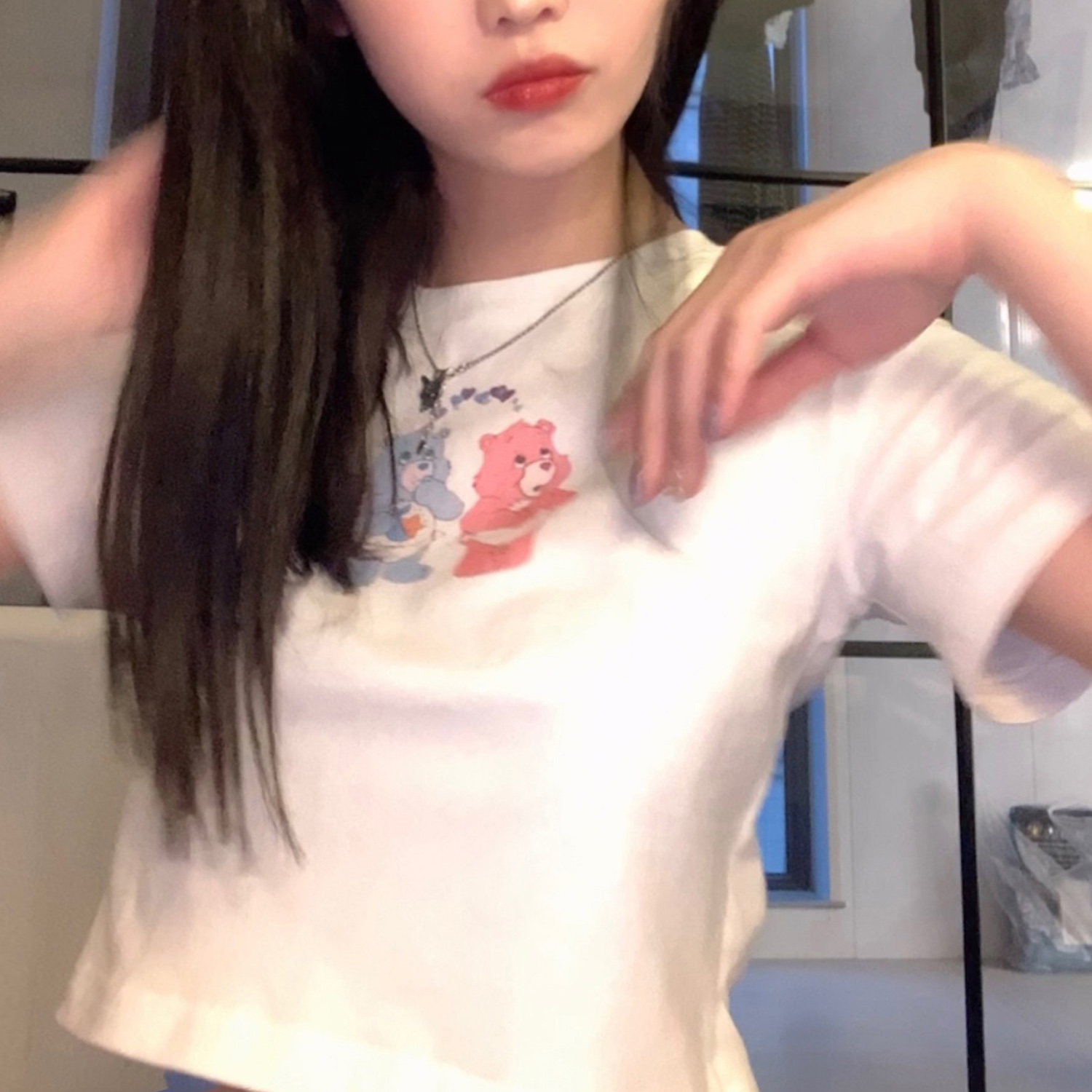 甜又美夏日精靈復古做舊短款上衣可愛小熊印花短袖恤女