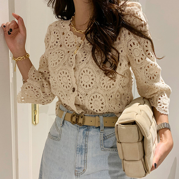 Summer new Korean hollow knitting crochet cardigan top slim, elegant temperament