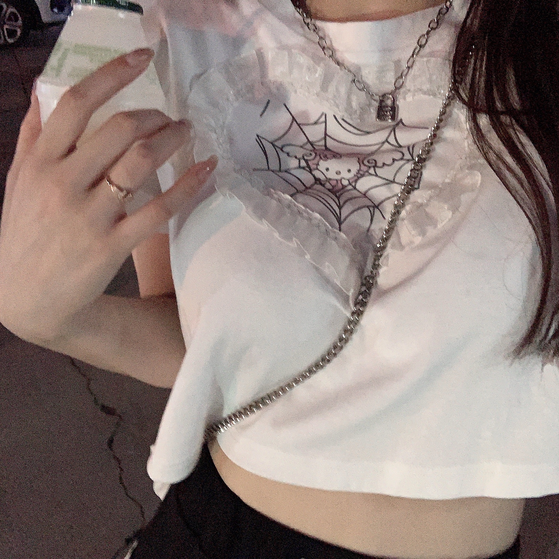 頭號甜心愛心蕾絲印花可愛圓領短款恤女