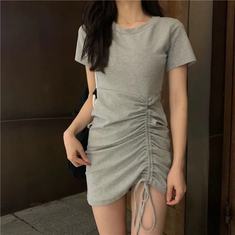 New style short sleeve temperament boudoir dress women's summer sexy suspender with drawstring showing thin buttocks skirt