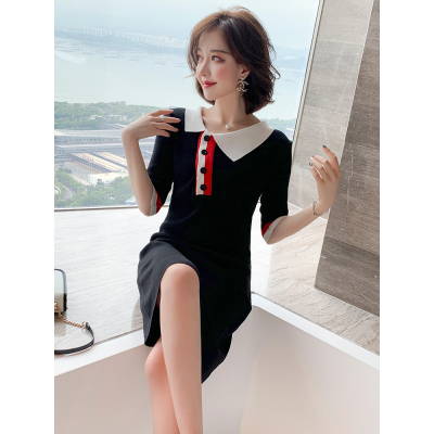Miuco irregular cut polo collar contrast stripe knitted T-shirt dress women's 2021 summer new