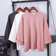 Spring, summer and autumn solid color 3 / 4 Sleeve T-Shirt Large Size loose and thin Korean versatile Pullover female student