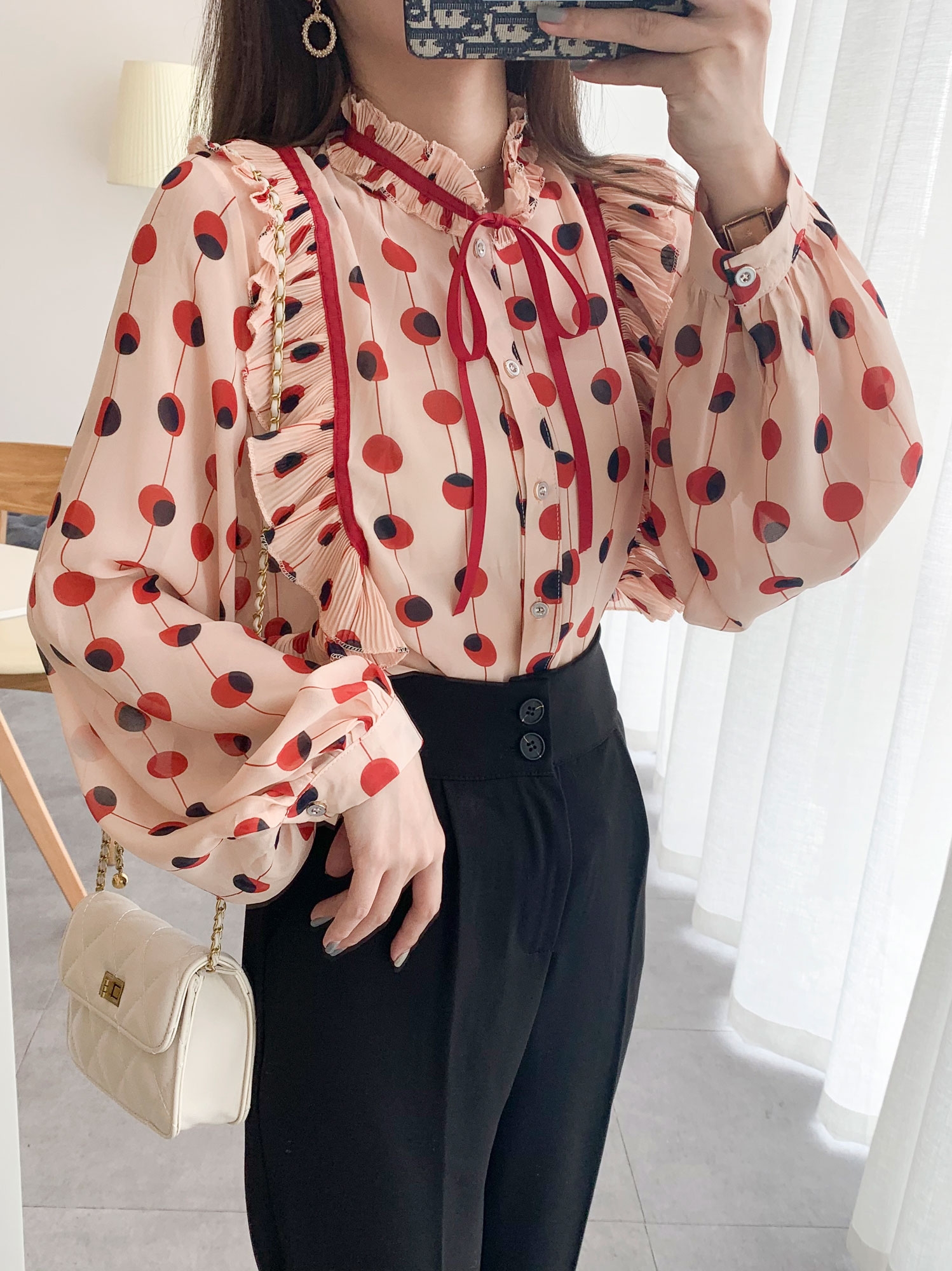New loose and fashionable long sleeve bubble sleeve top chiffon shirt for women