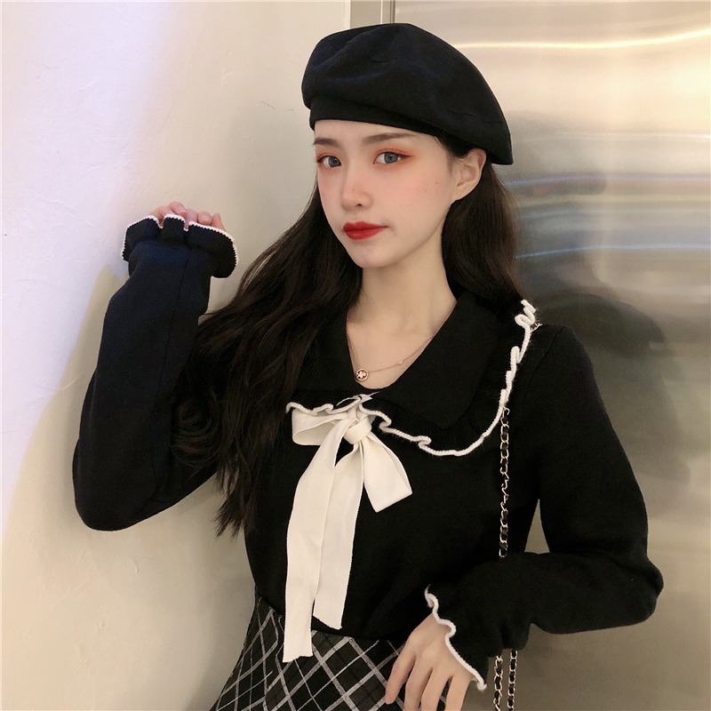 Pullover knitwear Jacket Women's spring new style foreign style lace up bow dress baby collar sweater