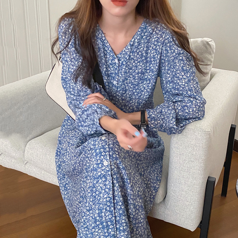 Romantic slim collar single breasted loose long sleeve full screen floral dress long skirt