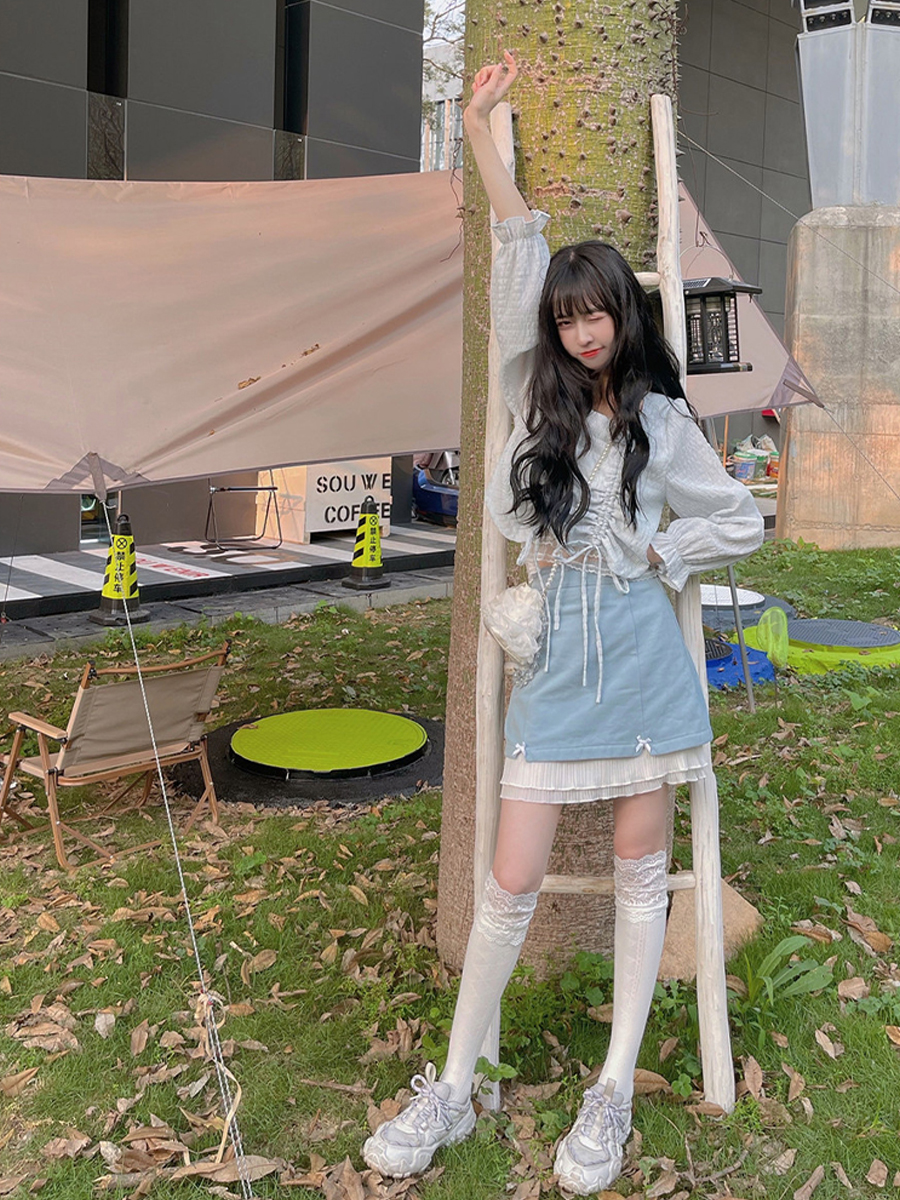 Blue skirt 2021 spring women's summer high waist A-line skirt small