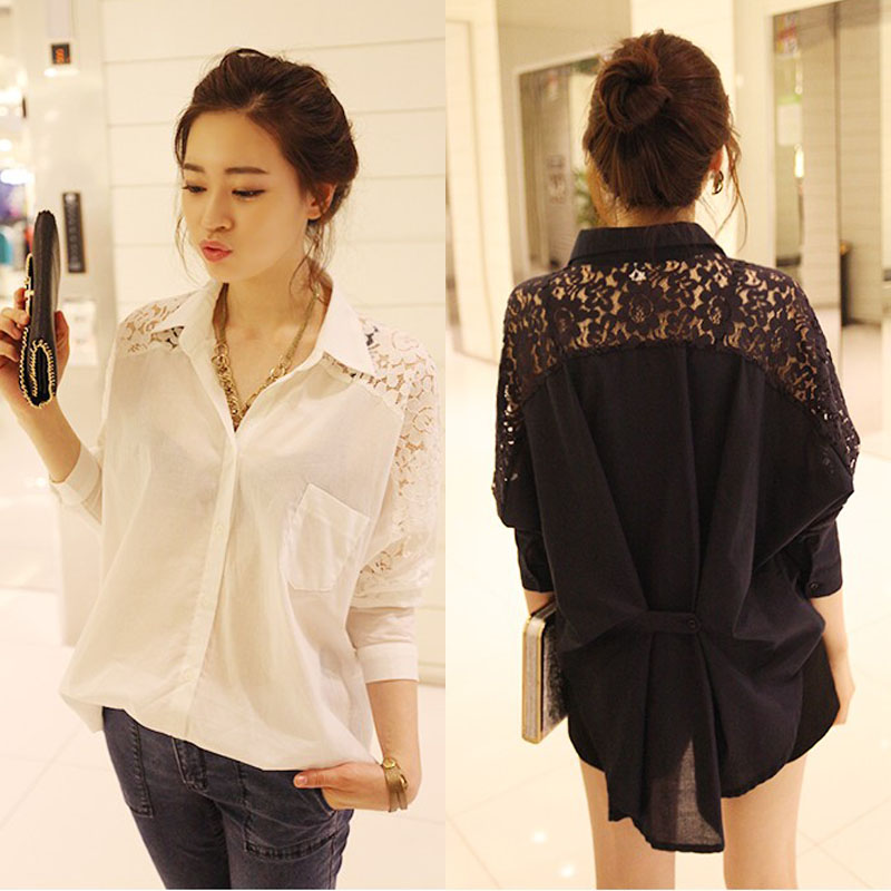Spring and autumn new stitching Lace Sexy shirt women's solid color top loose Bat Sleeve Chiffon shirt