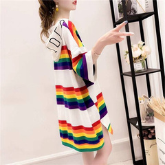 Spring and summer new mini fresh striped hooded T-shirt short sleeve super fire net red loose top summer