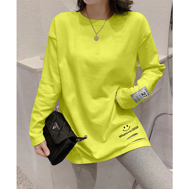 Guantu 260g pure cotton ground wool 2021 spring loose medium and long bottomed t-shirt female long sleeve