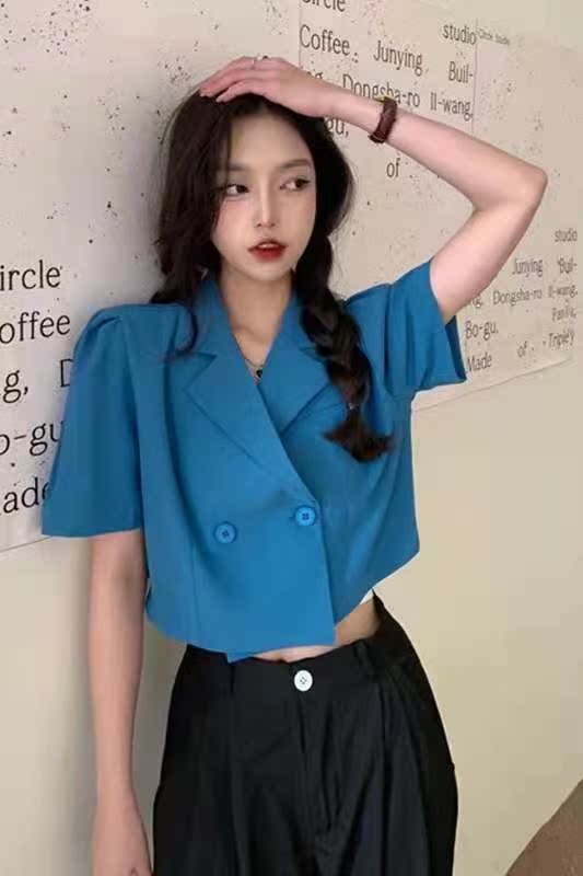 韓版高腰短款泡泡袖西裝小外套夏季設計感女外搭時尚氣質西服上衣