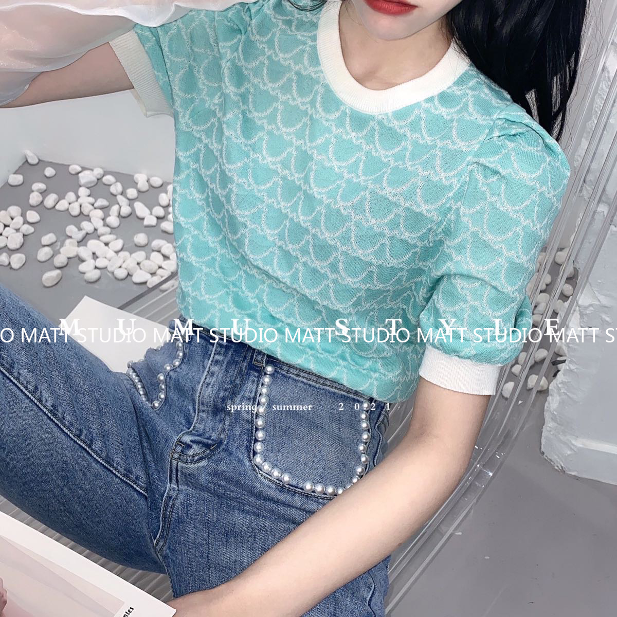 Slim and slim Korean bubble sleeve short sleeve T-shirt women's spring and summer new printed T-shirt