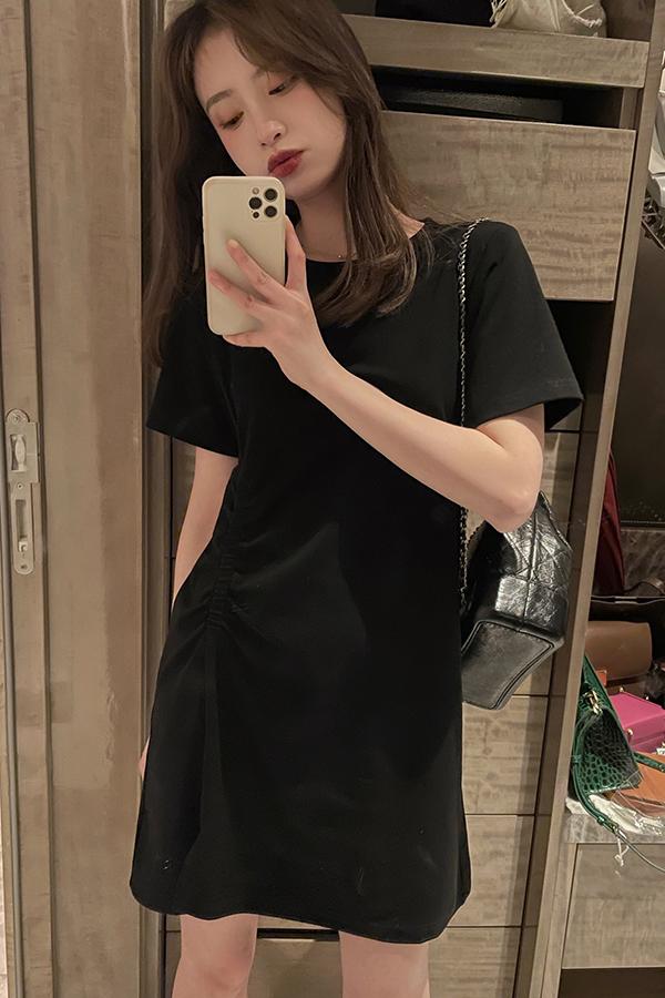 Short sleeve T-shirt skirt 2021 new spring summer dress women's loose round neck skirt black skirt