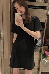 Short sleeve T-shirt skirt 2021 new spring summer dress women's loose round neck skirt black skirt