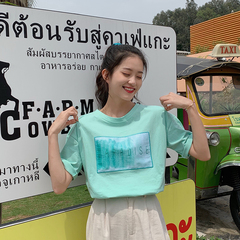 日韓女裝重工刺繡亮片寬鬆版圓領套頭短袖恤女