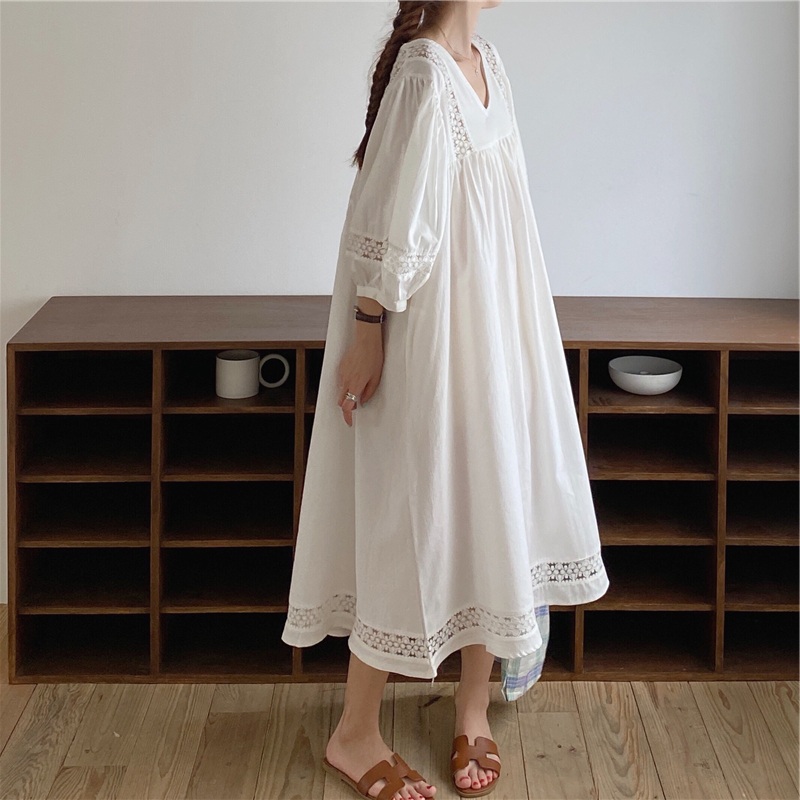 Retro lace stitching bubble sleeve loose dress long dress