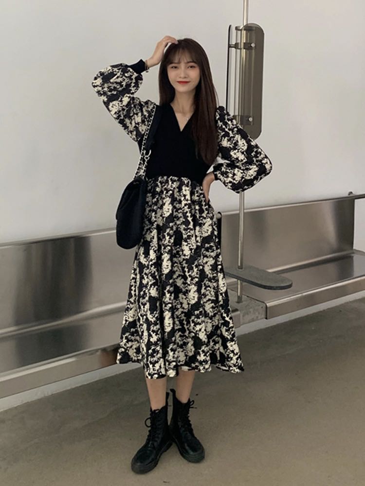 Spring black Hepburn retro Floral Chiffon Dress with retro knitted stitched bubble sleeve mid length skirt