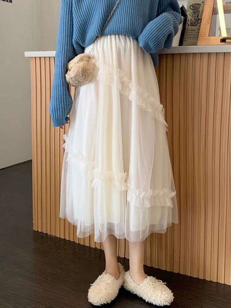 Autumn and winter new mesh medium length skirt women's white word skirt women's winter wear with sweater