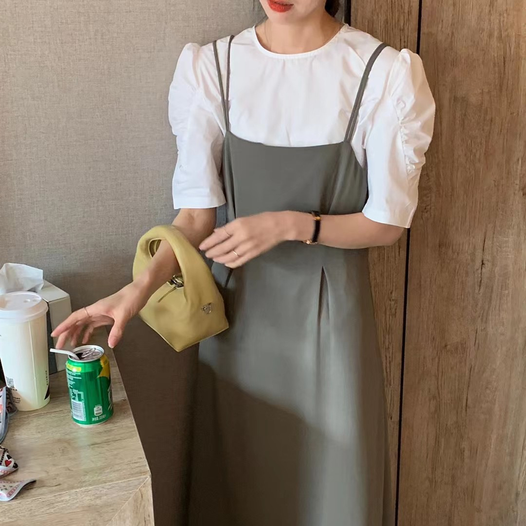 2021 summer new Korean style bubble sleeve shirt + two piece design dress