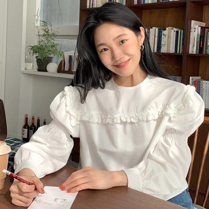 Korean chic sweet design pleated small lace solid loose round neck short Bubble Sleeve Shirt Top