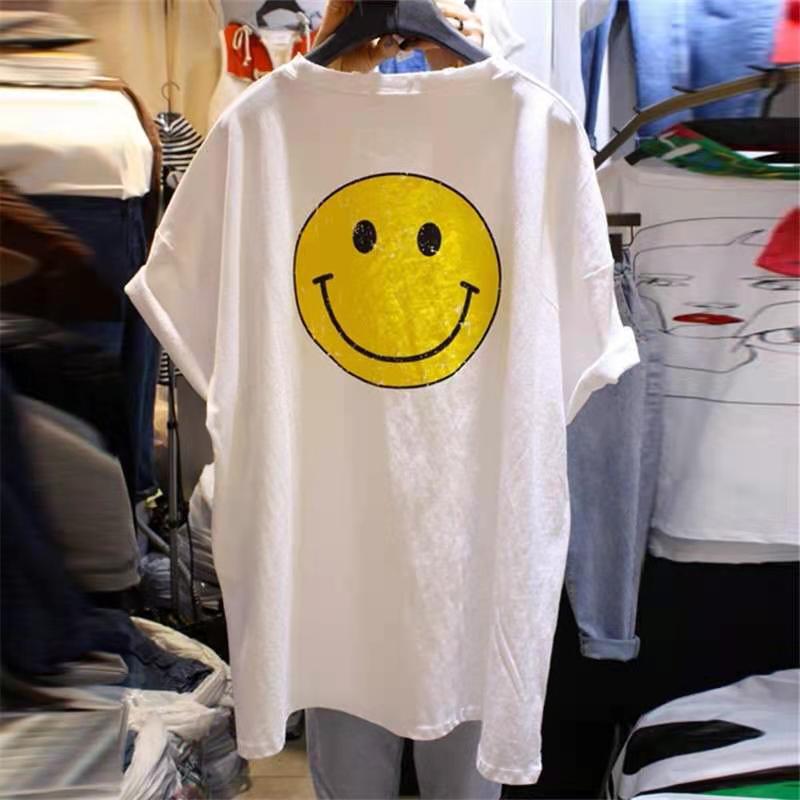 Cotton spandex black smiley face print loose shirt medium length Korean summer short sleeve top pure cotton female