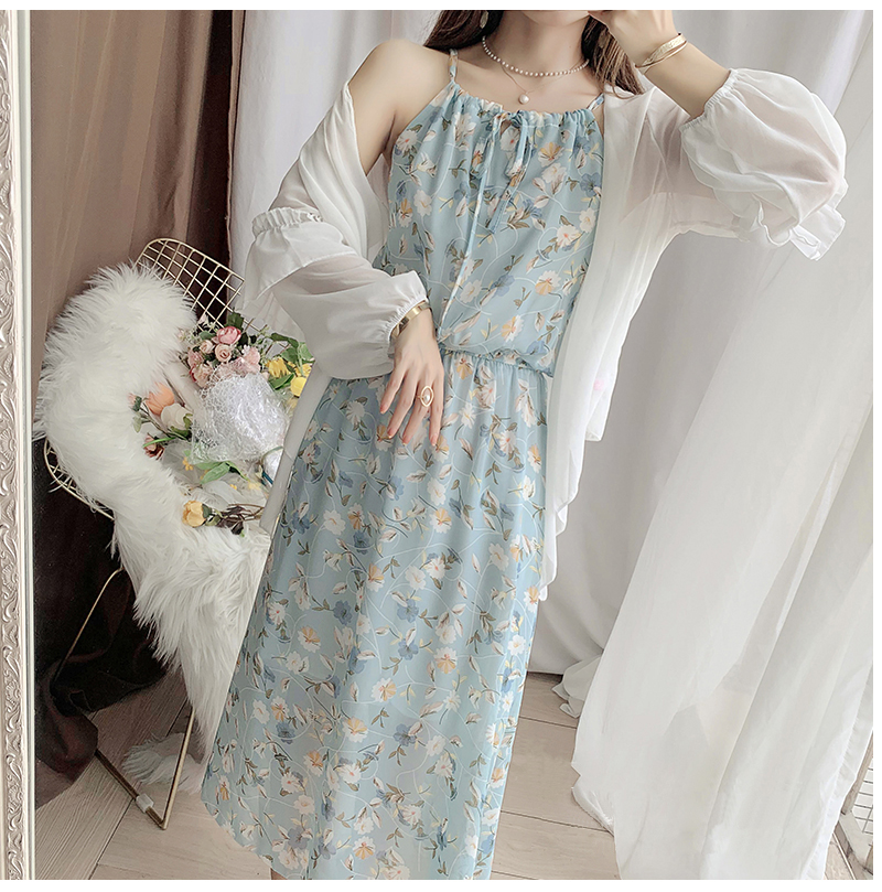 Sweet little fresh floral dress suspender Dress Chiffon shirt suit skirt two piece beach holiday dress Zixia