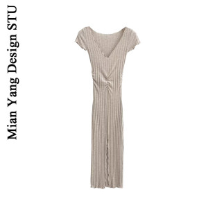 棉洋复古木耳边性感短袖 弹力连衣裙收褶前开叉辣妹后妈打底中长裙