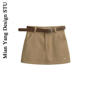 棉洋ins青春学妹高腰包臀a字短半裙腰带款 字母刺绣复古防走光短裙