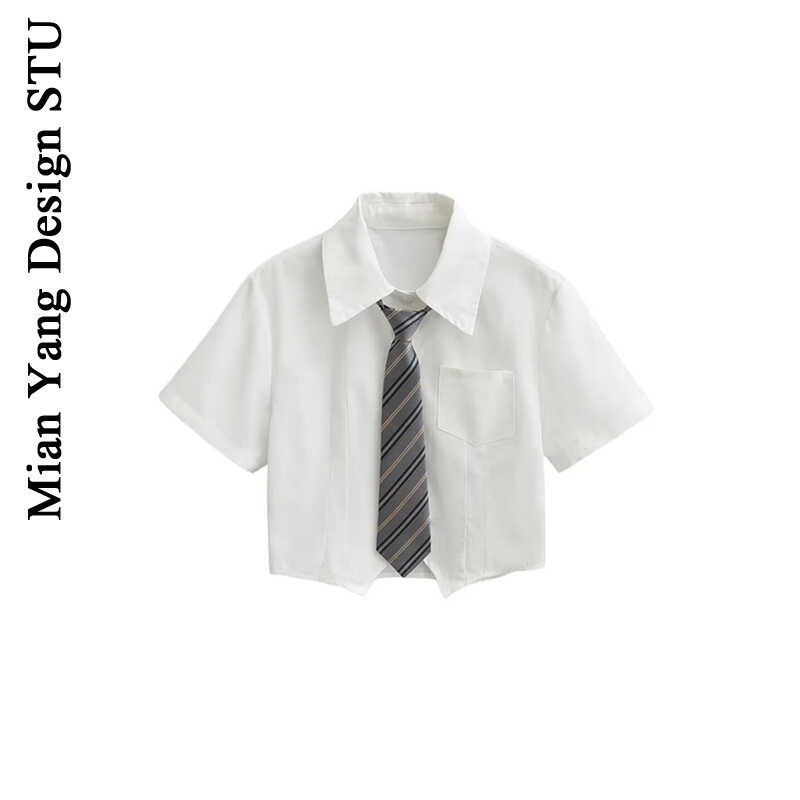 棉洋 学院风jk领带短袖衬衫女 不规则下摆小个子高腰显瘦学妹衬衣