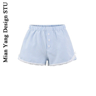 棉洋美式甜美娇小少女松紧腰条纹短裤复古bm风纽扣蕾丝花边超短裤