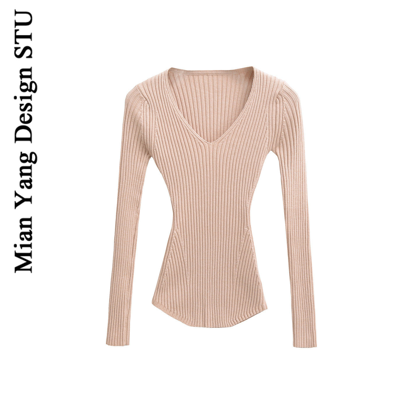 棉洋气质性感少女v领修身针织衫 复古纯欲蚂蚁腰显瘦内搭针织毛衣