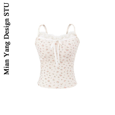 纯欲碎花蕾丝拼接飘带胸垫小背心