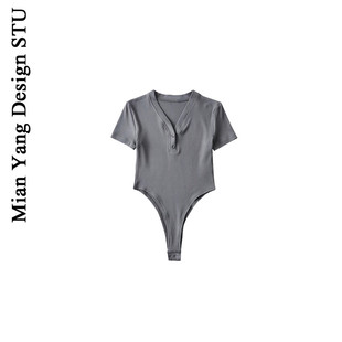 棉洋复古短袖 打底连体T恤女bm风v领纽扣辣妹紧身衣暗扣连体衣 修身