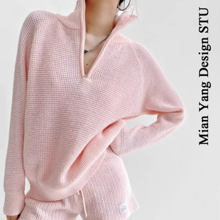 春季慵懒风宽松套头上衣华夫格针织阔腿运动阔腿长裤短裤时尚套装