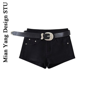 女复古港风闪亮腰带显瘦紧身裤 棉洋街头个性 辣妹低腰弹力牛仔短裤