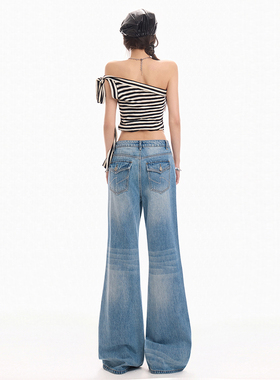 im向 西雅图漫步 复古蓝调刺绣阔腿裤女微喇宽松牛仔裤